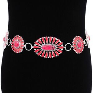 Silver & Red Boho Vintage Western Stone Concho Statement Belt
